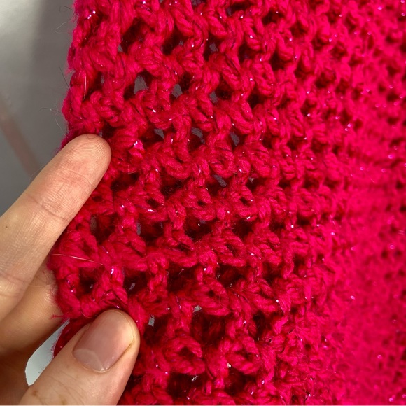 💖HAND-KNIT Pink Chunky Cardigan Belted Heart Patch Pockets Whimsical Crochet - Picture 4 of 9